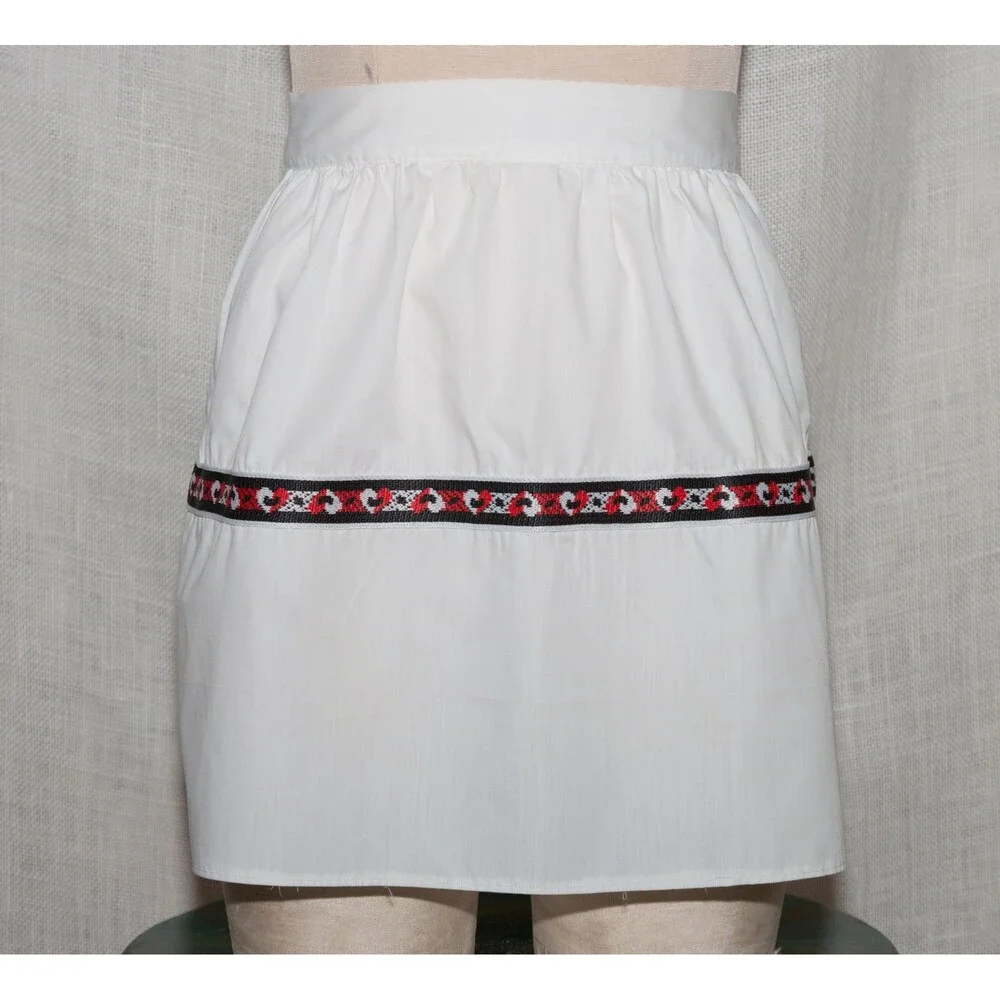 Vintage Handmade White Half-Apron with Heart Ribbon Trim 1960s